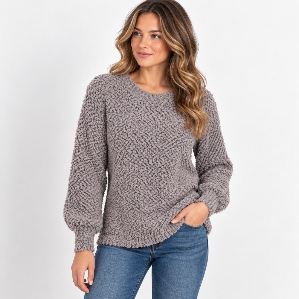 Zenana Gray Popcorn Knit Hygge Sweater S Cozy Textured Crewneck Balloon Sleeve - Picture 2 of 8